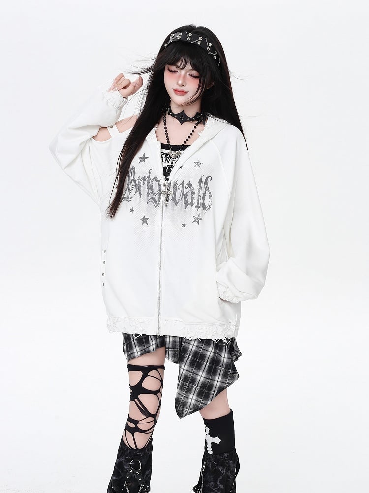 Zip-up Hooded Jacket with Distressed Holes and Cutout Shoulder White/Black