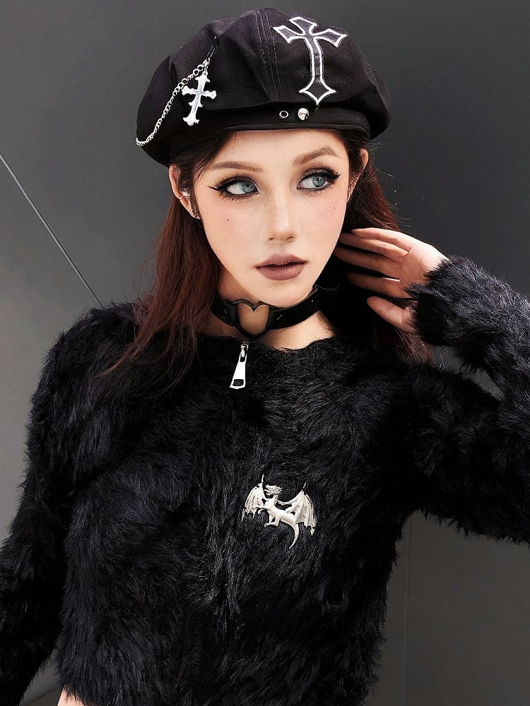 Punk-Baskenmütze mit schwarzer Kreuz-Applikation und Kreuzkettendetail