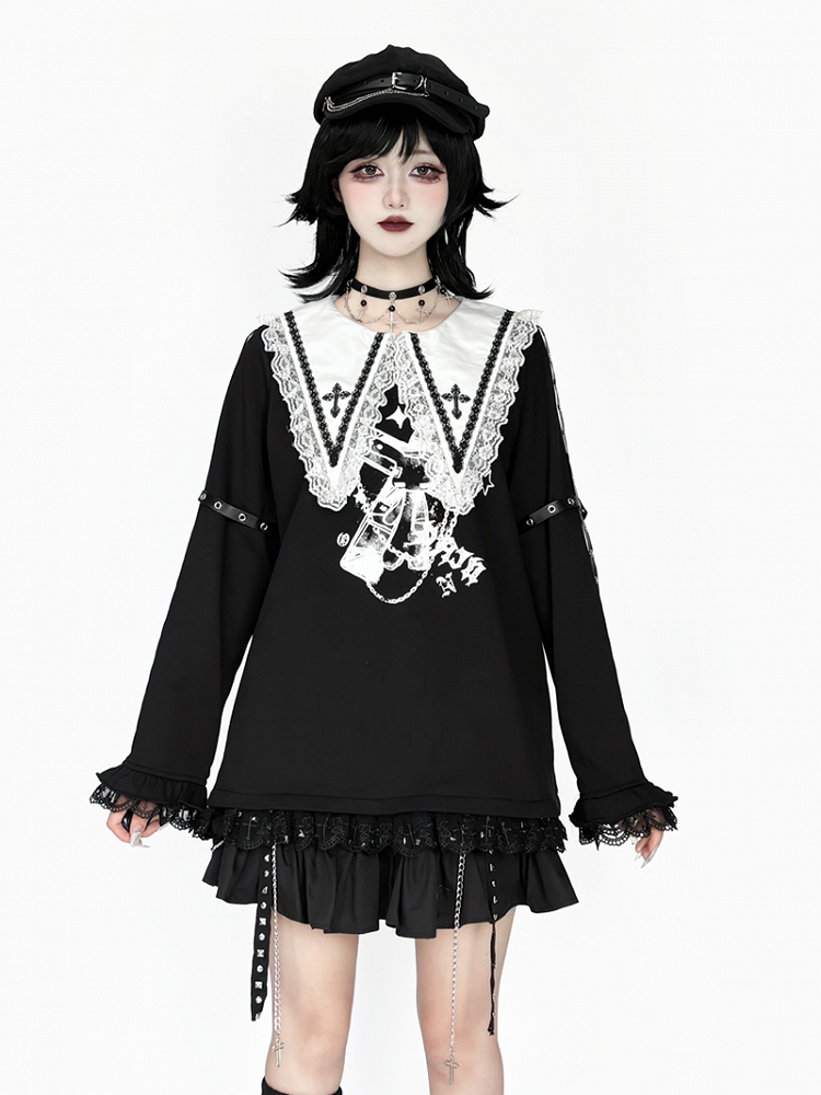 with Black Top: Criss-Cross Cross Pointed Harajuku Style Collar White Jirai Straps Kei Sleeve