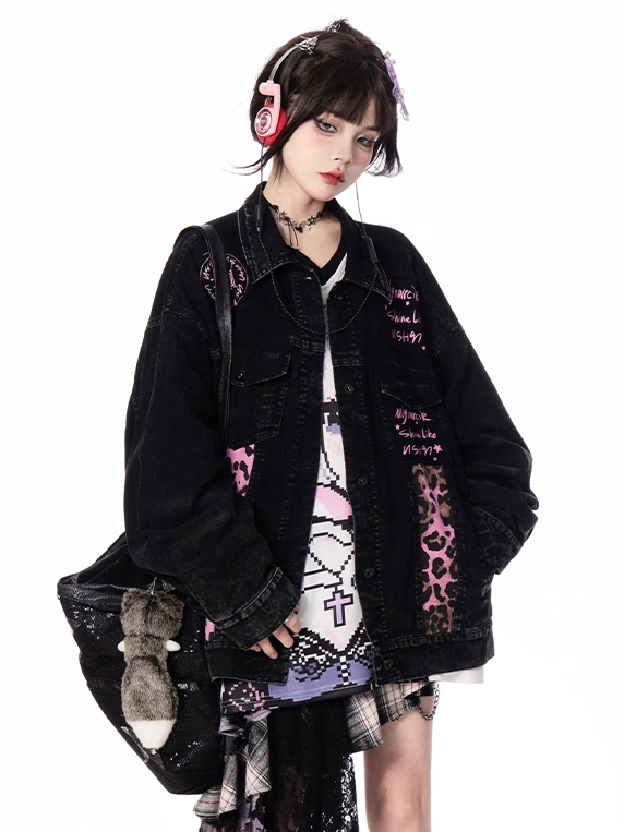 Denim Jacket Faded Wash Vintage Collar Pink Leopard Pattern Black Shirt