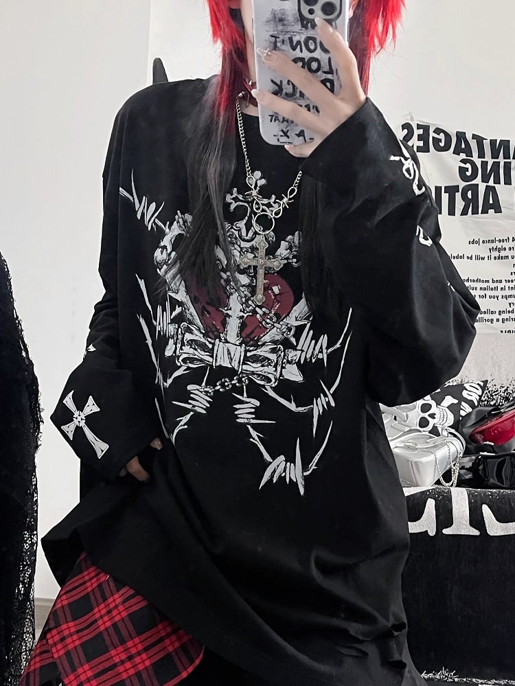 Top Emo Cross And Long Letter Black Sleeves Print Punk