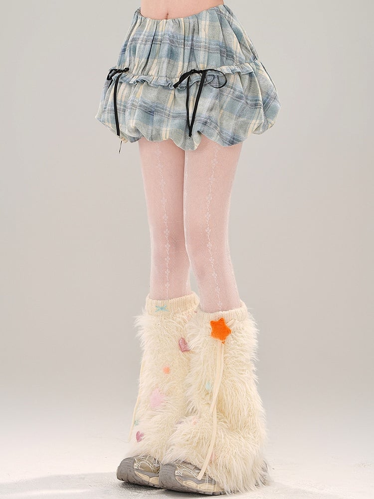 Blue Details Skirt Plaid Bubble Bowknot