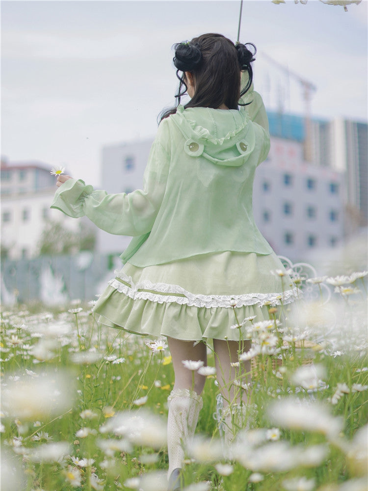 Semi-sheer Frog Hood Sun Protection Top Light Green Chiffon