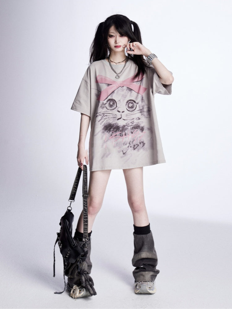 Print Gray Adorable Kitty Loose T-Shirt