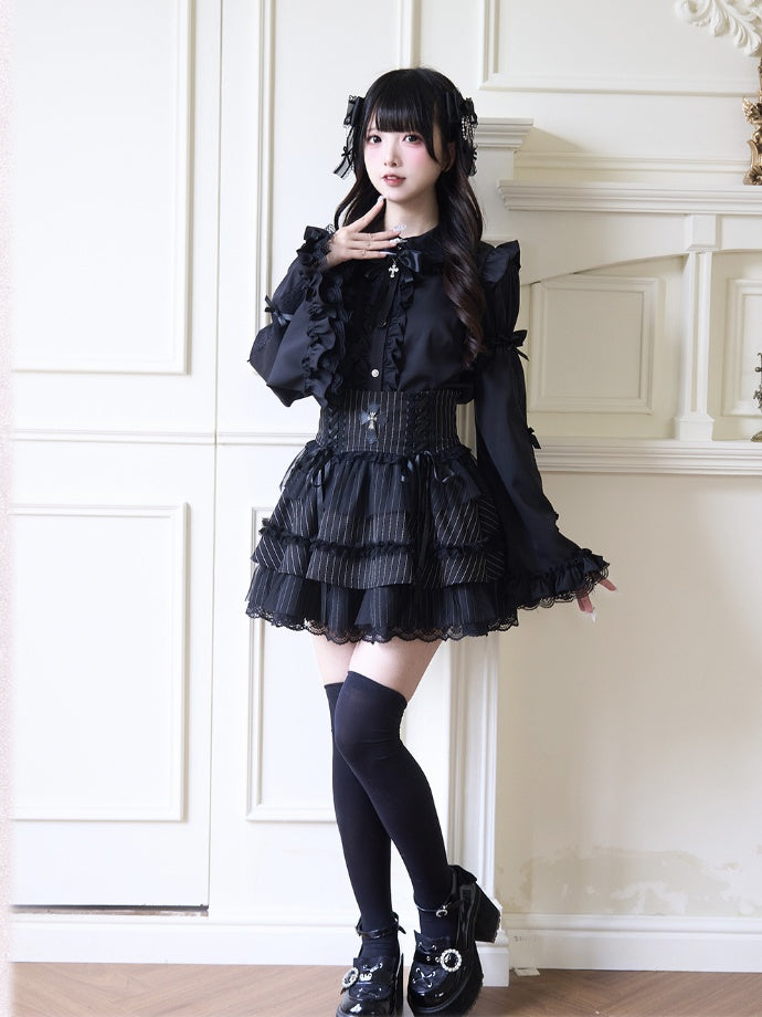 Jirai Kei Peter Sleeves Lolita Ruffled Lace Trim Pan Collar Black Blouse with Detachable Bell Gothic Bowknot