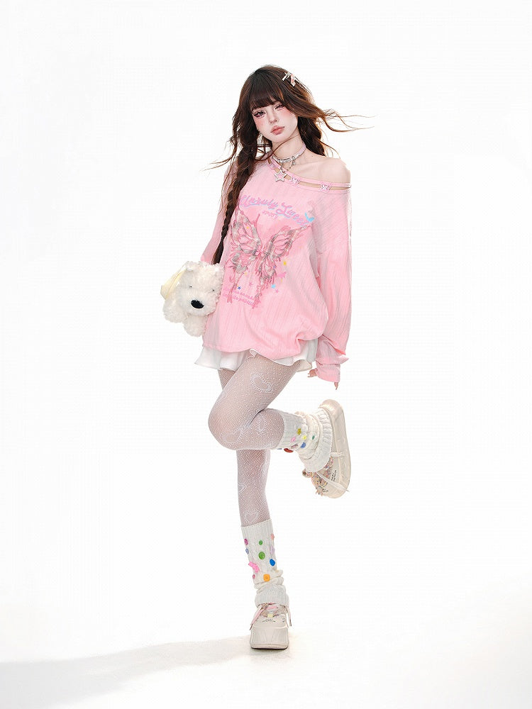 Graphic Pink/Apricot Asymmetrical Neckline Butterfly Embroidered Loose Top