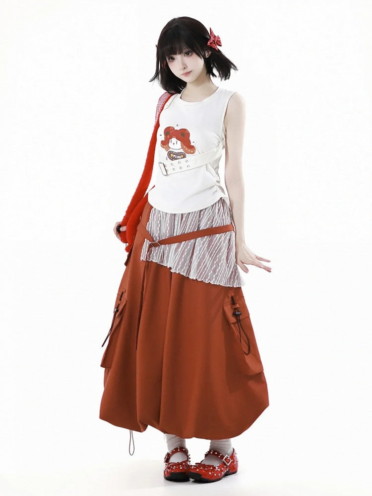 Orange Elastic Waist Drawstring Hem Cargo Pockets Long Bubble Skirt