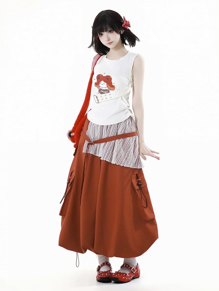 White Cartoon Print Cotton Tank Top with Detachable Buckle Strap