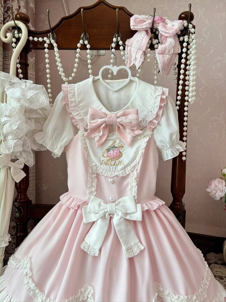 Scalloped Edge Trim Strawberry Embroidery Sweet Lolita Dress Light JSK Pink