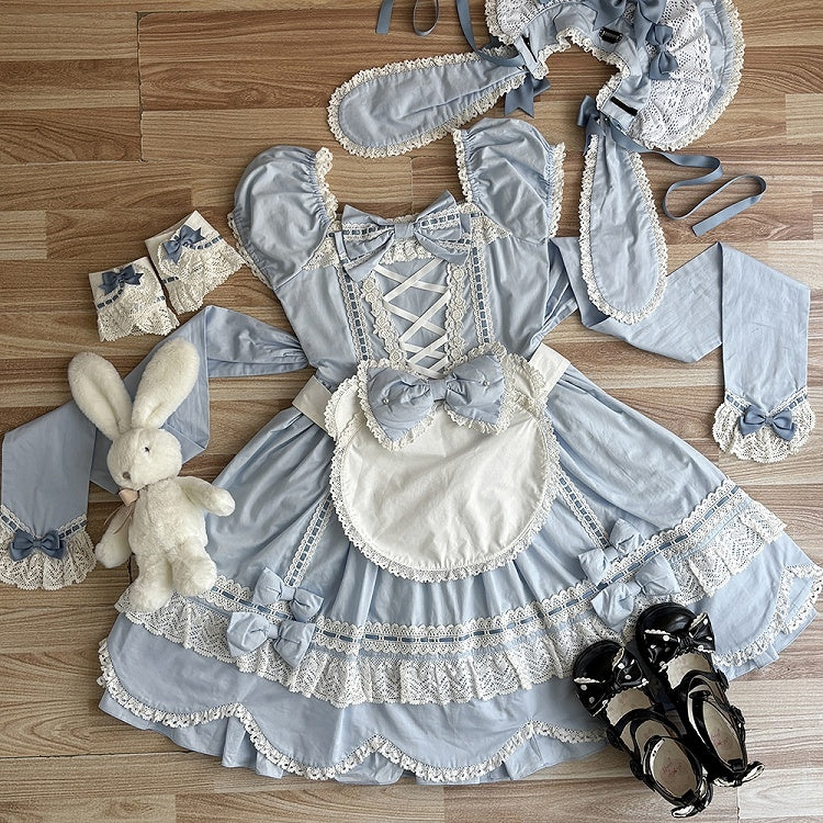 and Short Piece Blue One Neckline Puff Old Lolita School Sleeves Cotton Dress Square