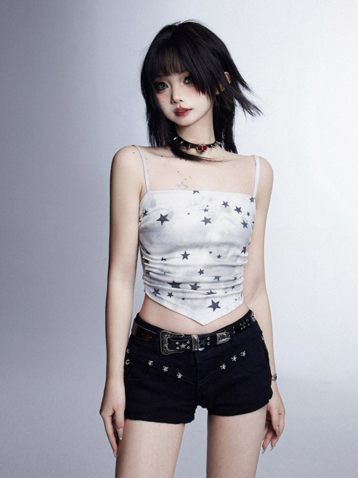 Dye Star Print Glamorous White Tie Cami Top Cropped