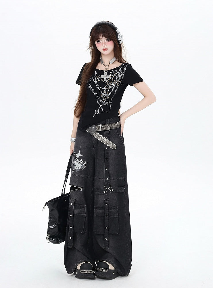 Jeans Black Butterfly Wide-Leg Cargo Print Strap Details Vintage