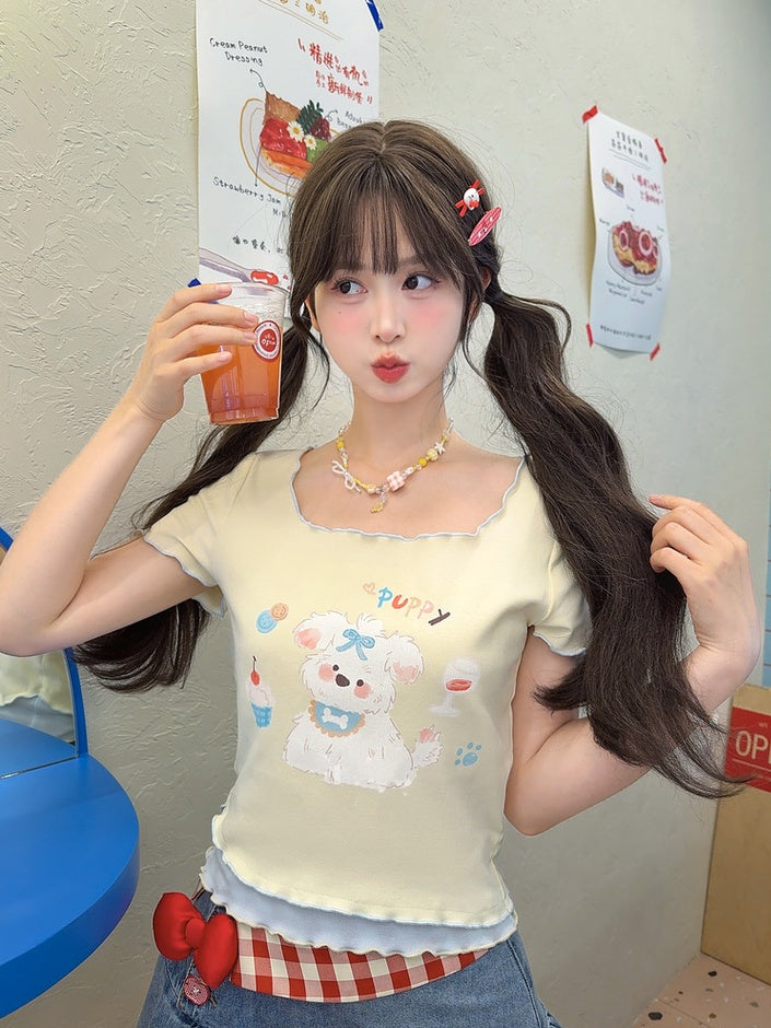 T-Shirt Hem Square Neck Apricot Puppy Print Lettuce