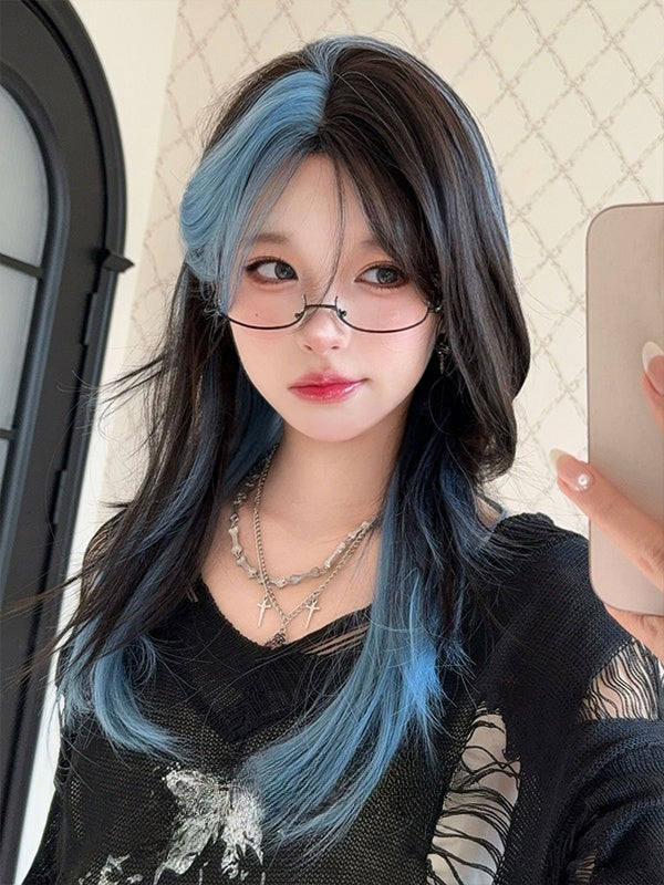 Black and Blue Highlights Long Straight Synthetic Wig With Bangs