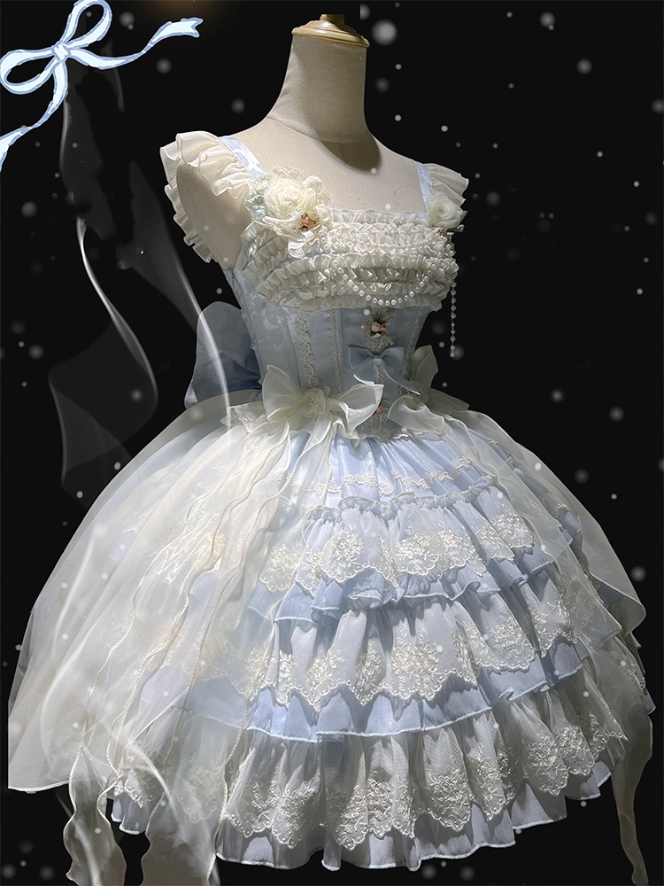 Accents Jacquard Blue Rosette Tiered Balletcore Sweet Lolita Dress Jumper Skirt Fabric