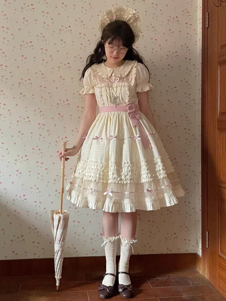 Lolita Pink Beige Peter Dress Cotton Bow and Collar Accents Pan