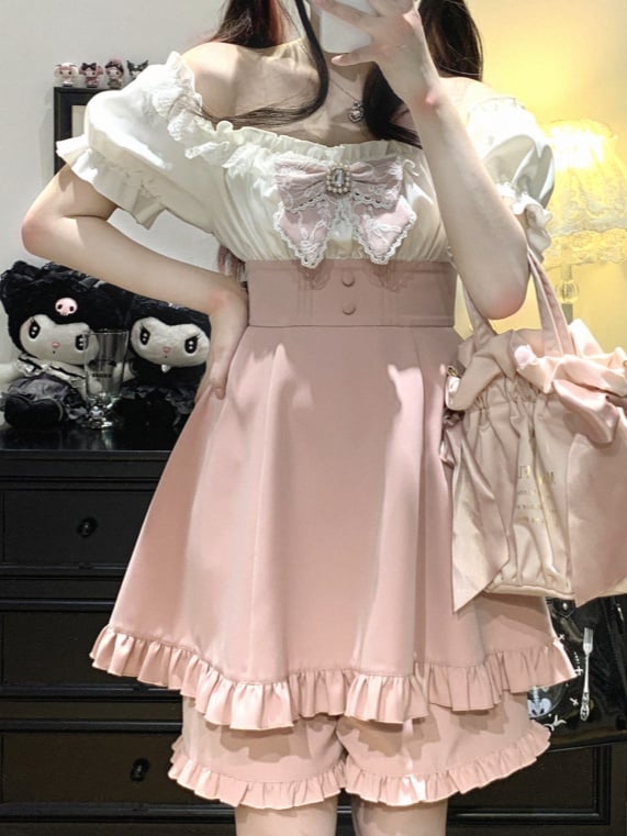 Off-the-shoulder Neckline Mini Dress and Shorts Set Jirai Kei Black/Pink/Blue