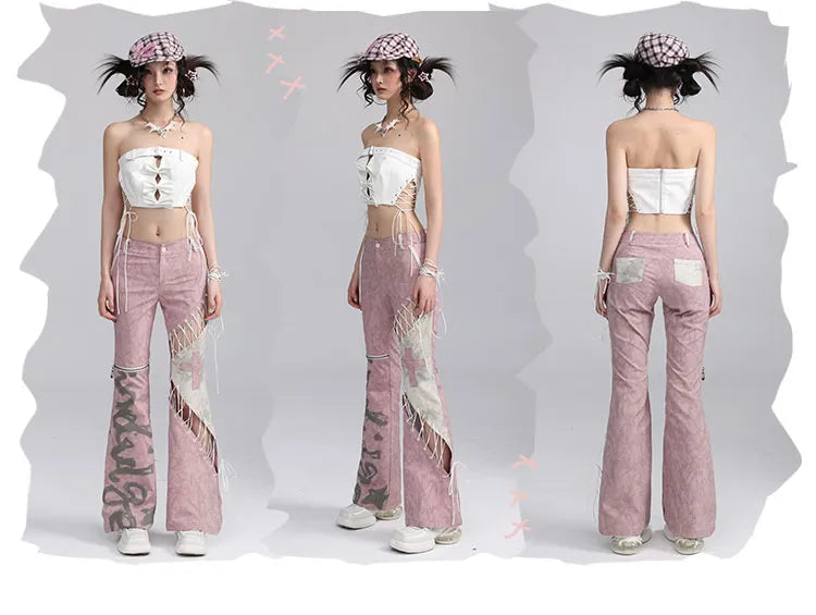 Asymmetrical Flared Detail Pink Pants Lace-up Dusty