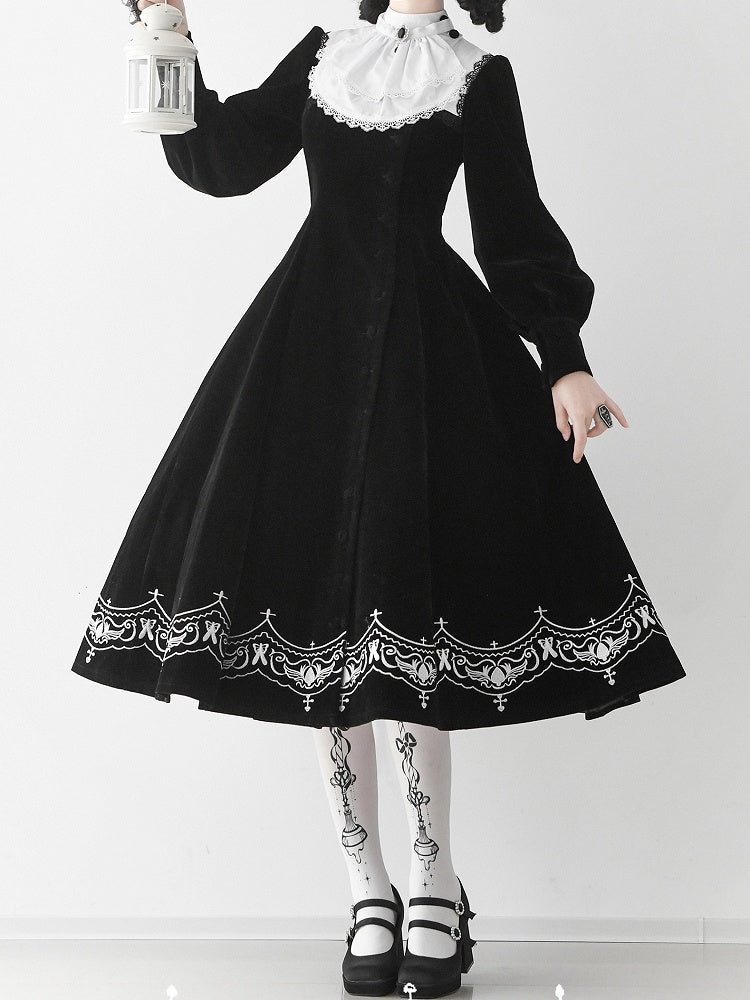 für Schwarzes Winter-Herbst-Details Nonne und Stickereiärmel Lolita-Samtkleid lang