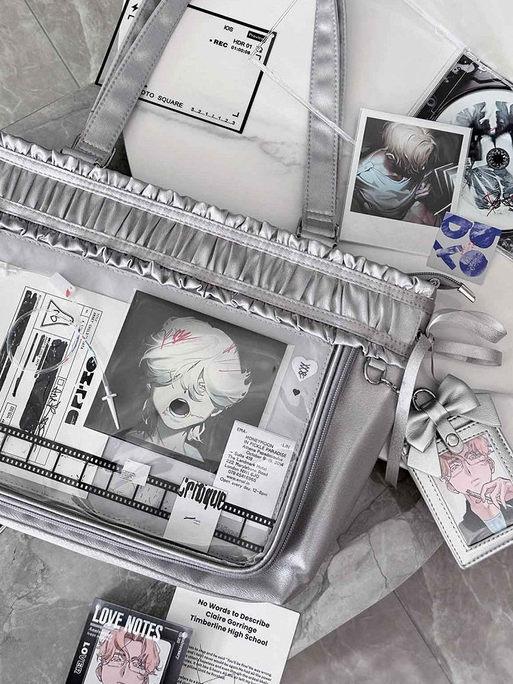 Trim Ita Bag Silver Ribbon Bow Large Capacity Tote Ruffled