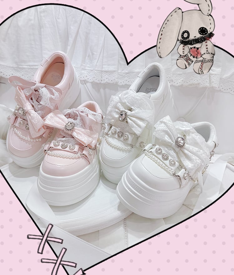 Platform Bow Jirai Top Chains Detail,Rhinestones Chunky Sneakers White Kei Beaded