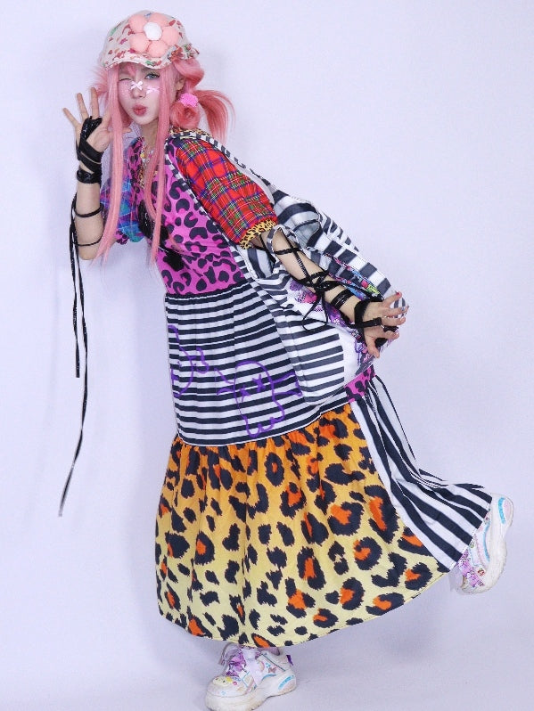Sleeves Print Pink Puff Leopard Gyaru Fashion Dress