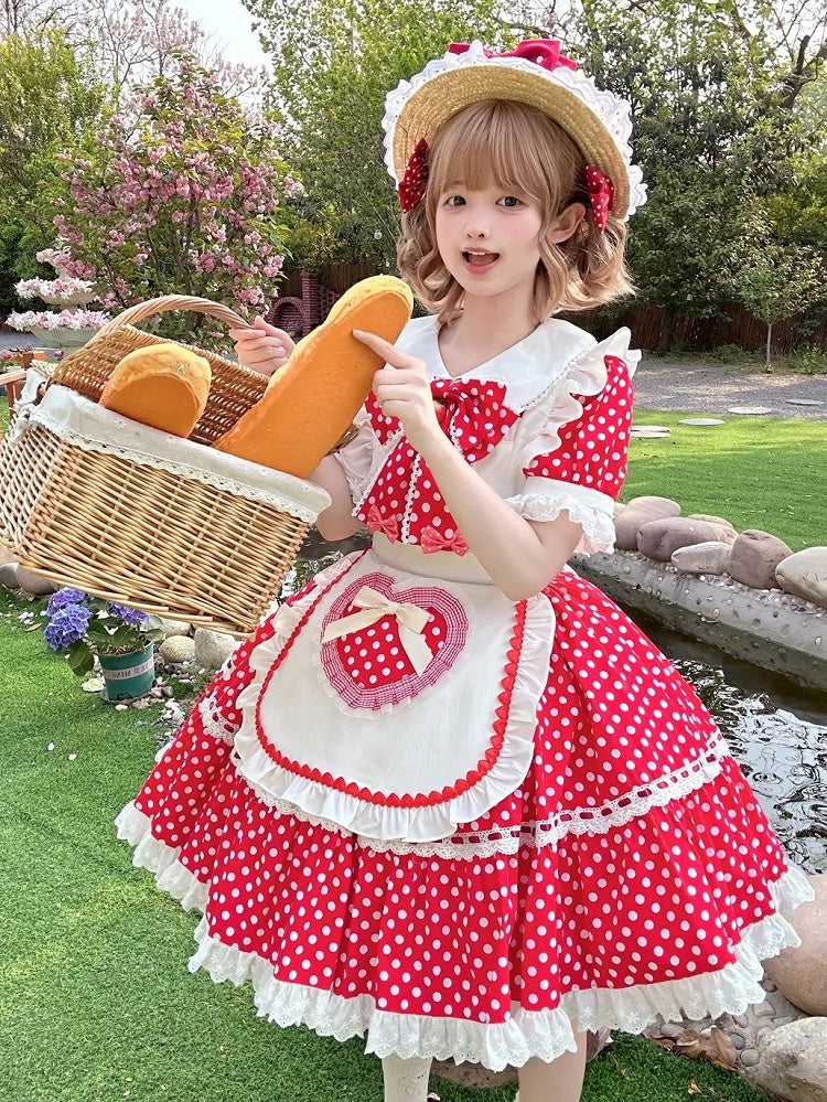 Collar Old Peter Maid White Strawberry Polka Bow Dots Lolita Pan Big Apron + Red School Dress