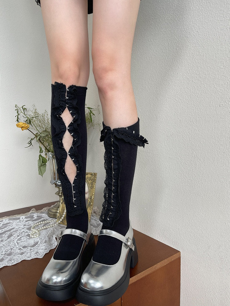 Stockings Ruffle Trim White/Black Underknee
