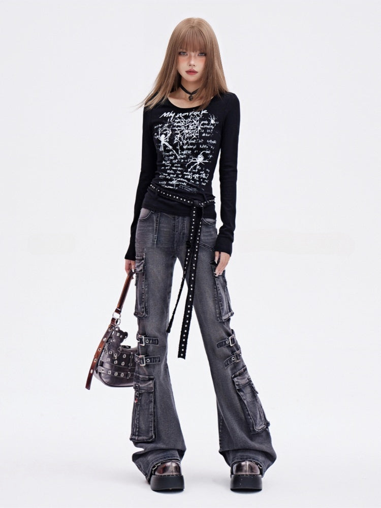 Free with Waist Y2K Black Spider Print Glamorous Slim-fitting Top Belt