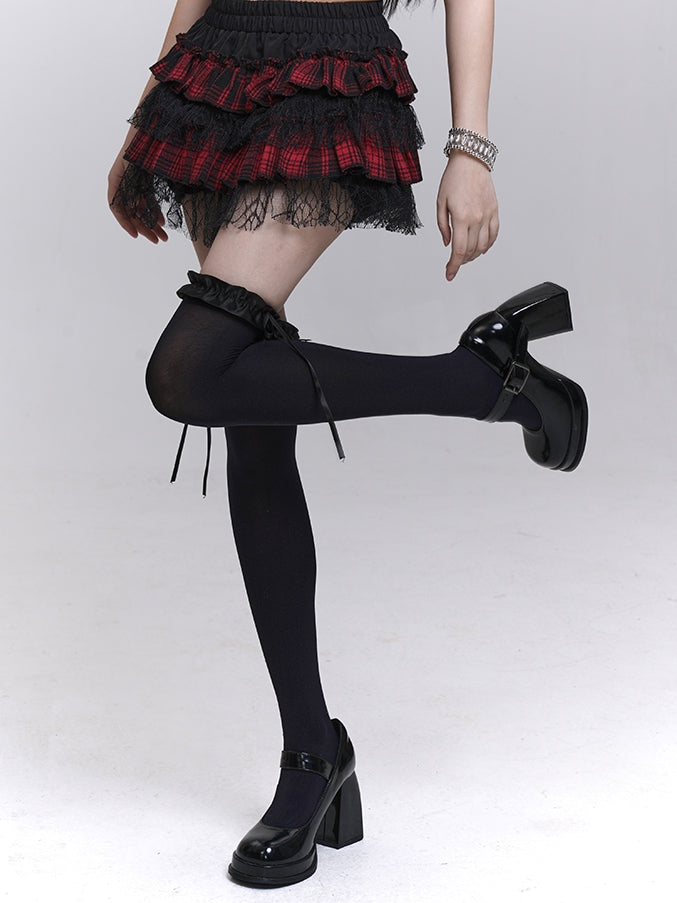 Trim Lining Red and Black Plaid Elastic Waist Lace Mini Tiered Skirt Bloomers