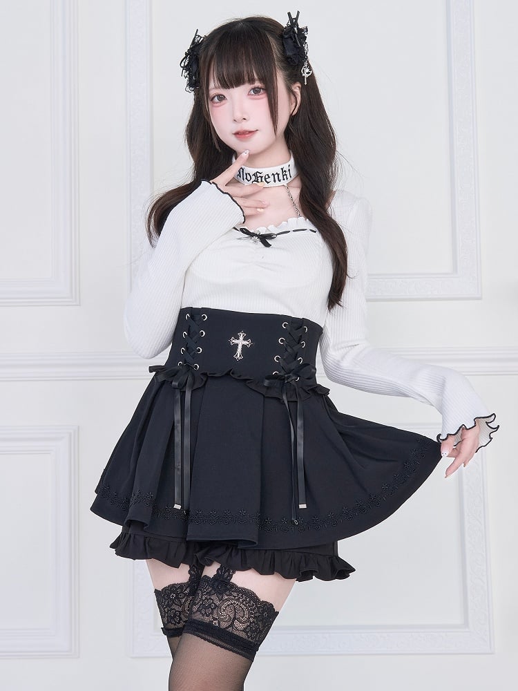 Jirai Shorts Style Kei Waist Lace-Up Skirt Cross High Lining with Decor Black