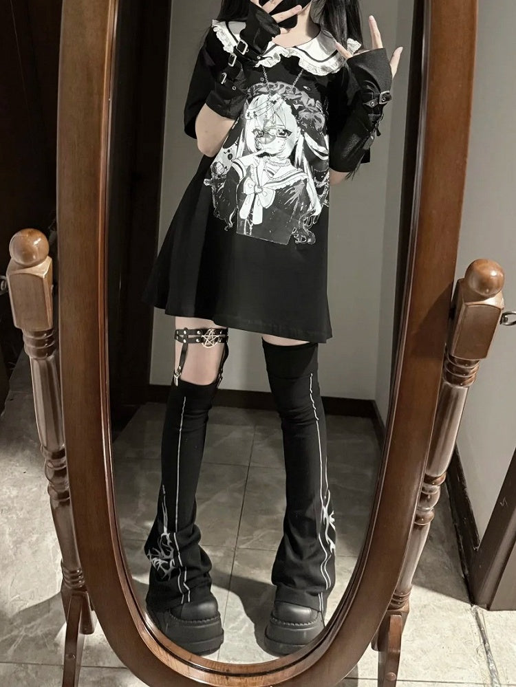 Pan Jirai Kei T-shirt Collar Black Anime Girl Print Peter