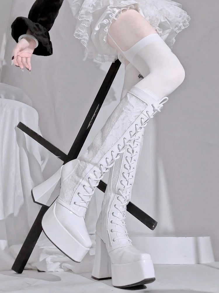 Gothic White Front Lace-up Ties Lace Platform High Block Heel Knee-high Boots