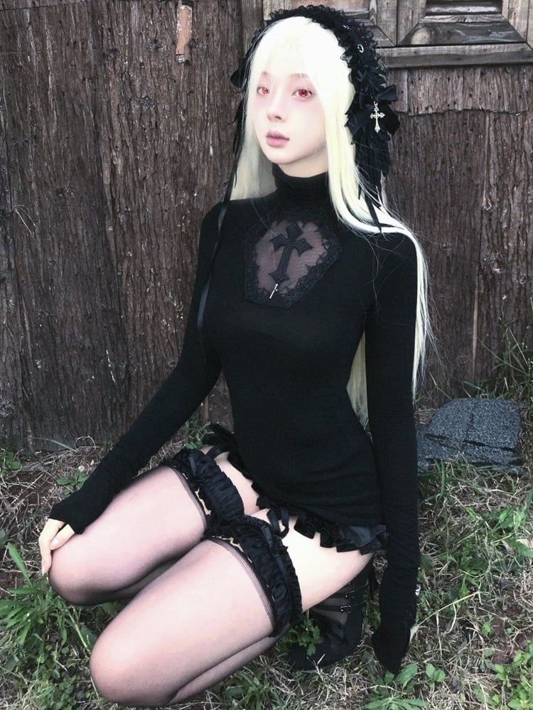 Gothic Schwarzer Sarg Cutout Kreuze Verziert Hochgeschlossenes Langarm Top
