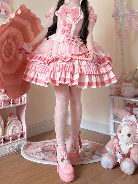 Dress Pink Sweet Lolita Short Piece One Sleeves Bow Accents