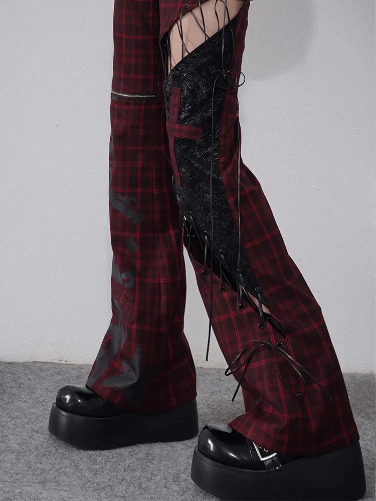 Rock Detail and Black Lace-up Red Pants Plaid Cutout Punk