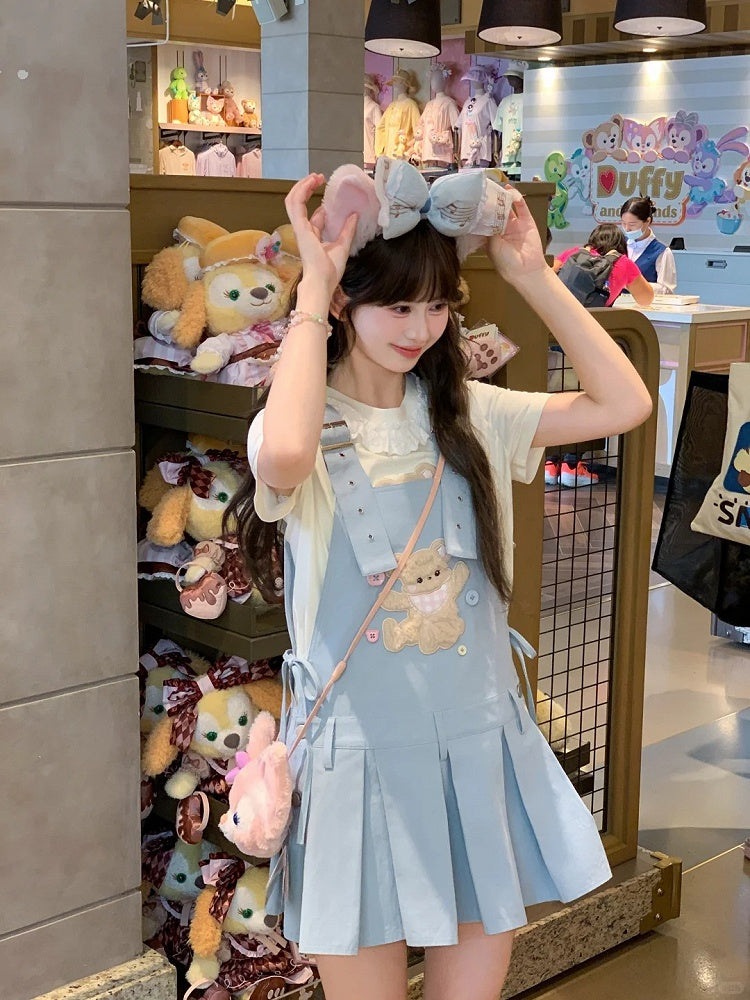 Adjustable Plush Bear Applique Blue Box Pleat Overall Dress Straps Shoulder