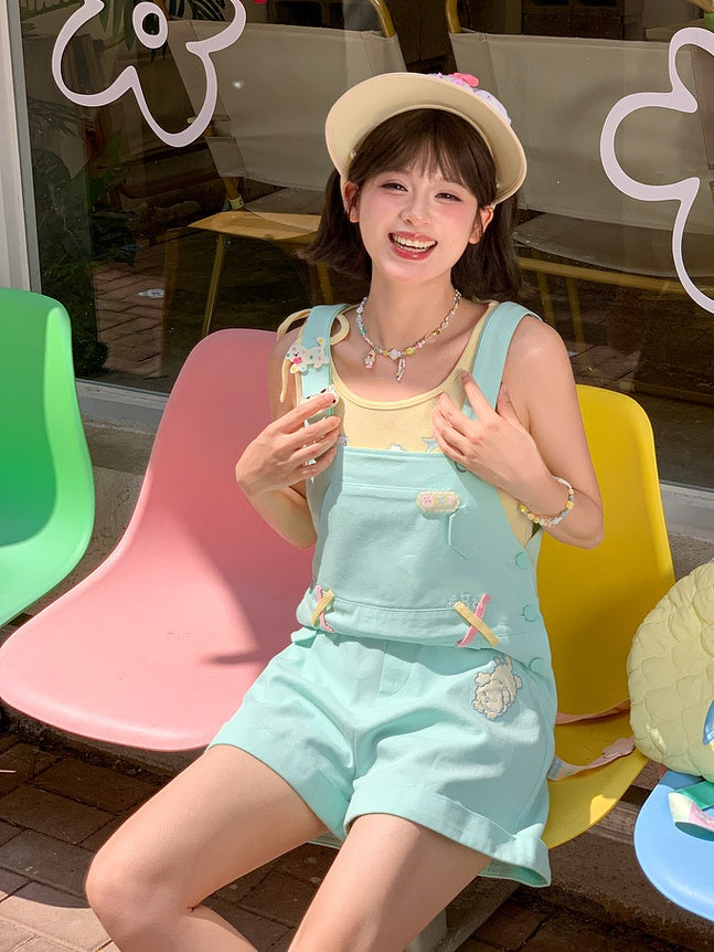 Shorts Overall Mint Green Cartoon Puppy Embroidery Straight-leg Cut