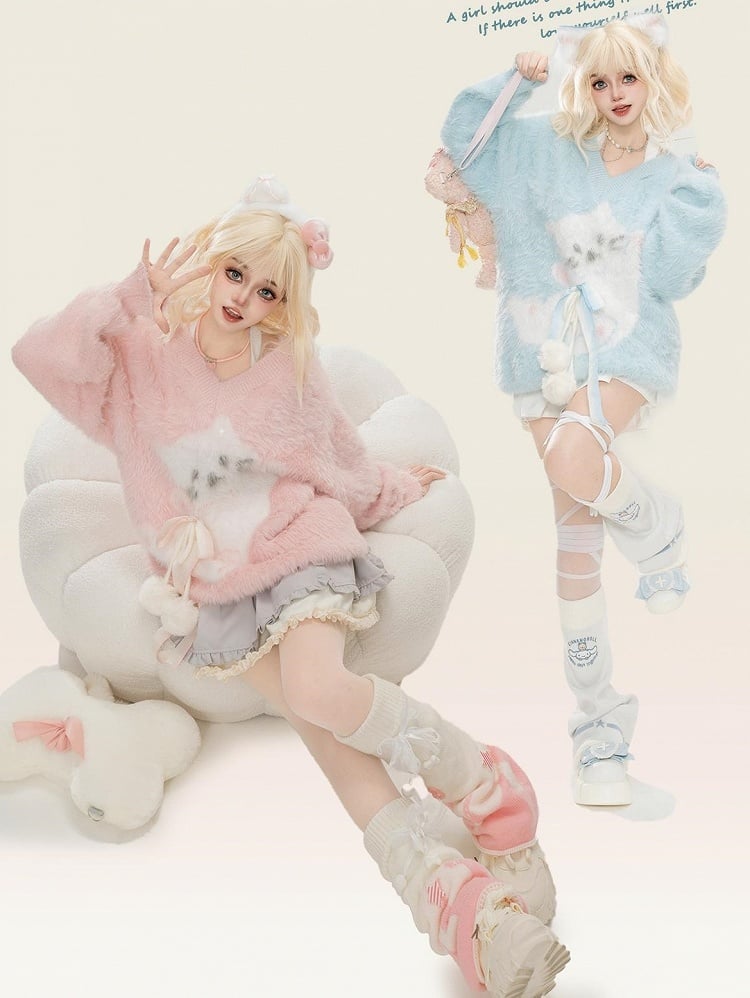Light Blue/Pink Cute Cat Fuzzy V-Neck Halter Sweater