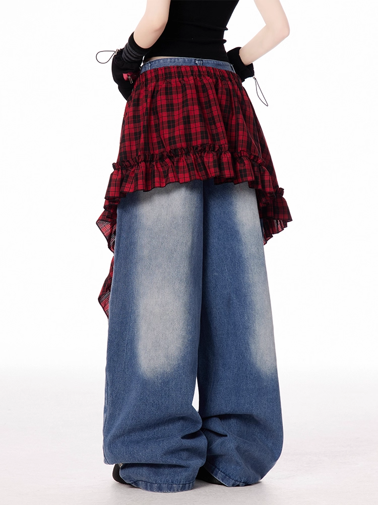 Wide-leg Jeans with Blue Accessory Plaid Faded Wash Vintage Red Rise Waist Low