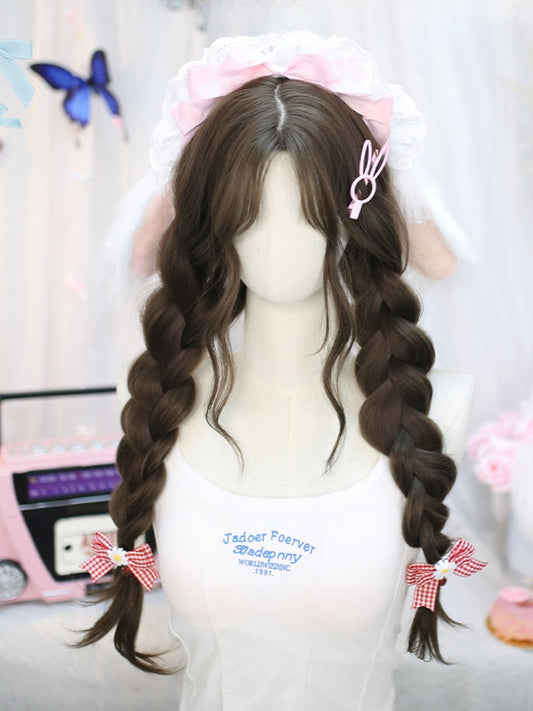 Graubraune Perücke mit geflochtenen Zöpfen und gewelltem Vorhangpony