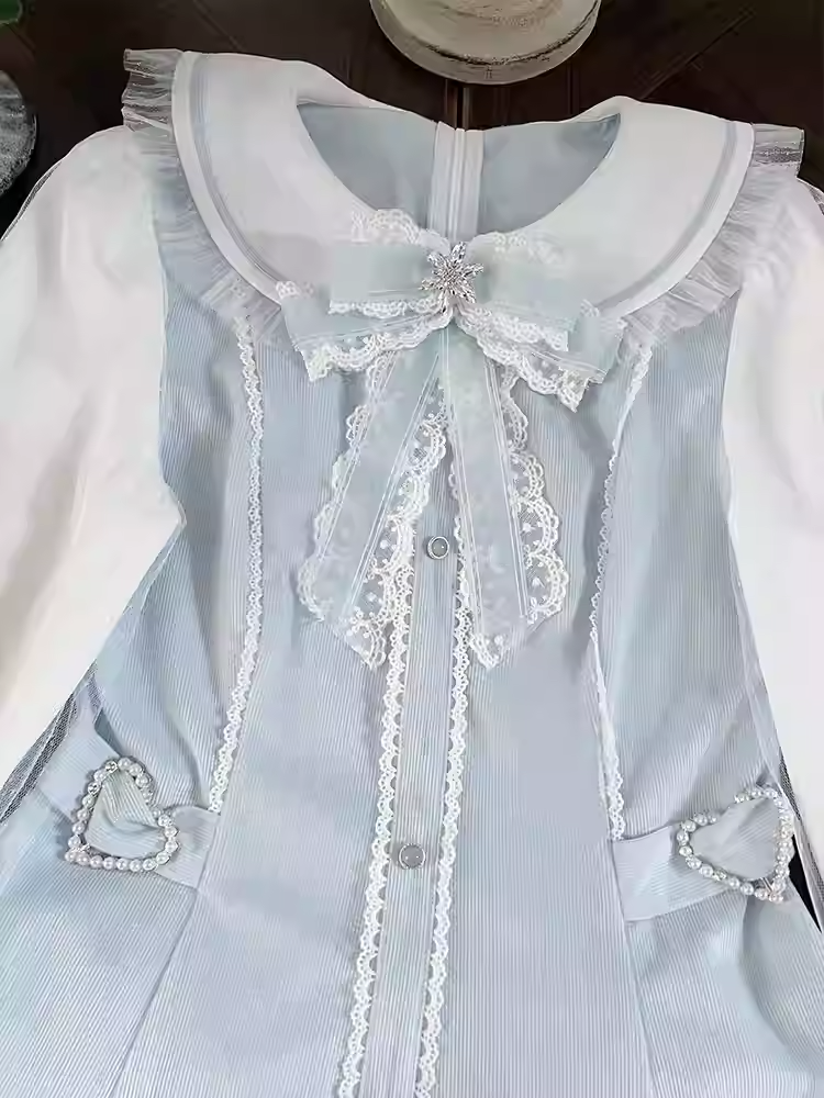 Blaues Minikleid mit Peter-Pan-Kragen + Rüschen-Set – leichte Shorts mit Jirai-Kei-Saum