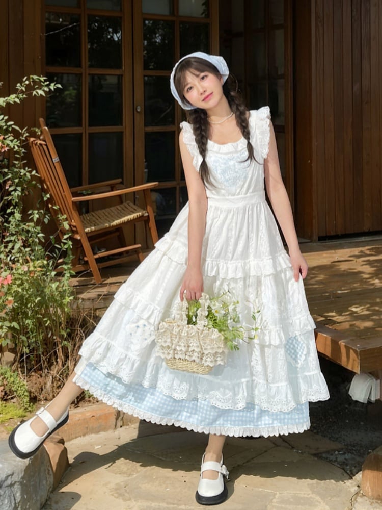 Overdress Trim Patch White Flutter Sleeves Lace Embroidery Plaid Tiered Cutton Skirt Blue