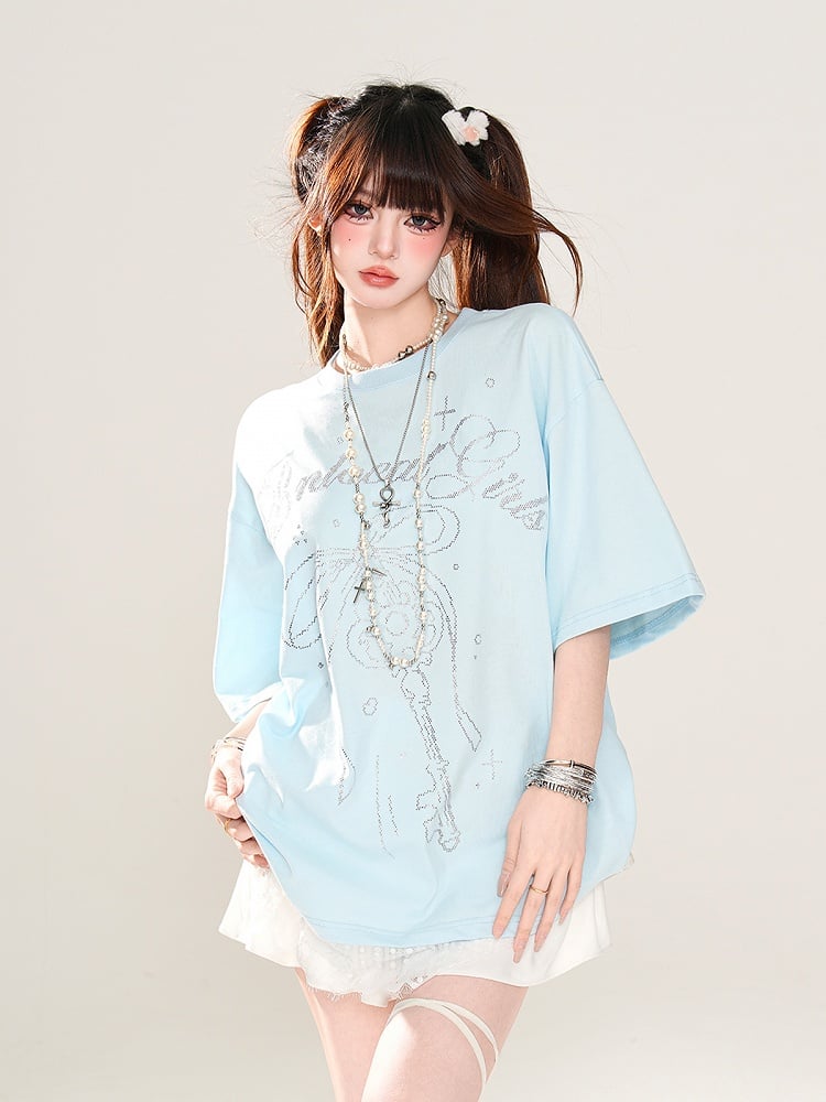 T-Shirt Loose Blue/White Key and Bowknot Print Lace Trim