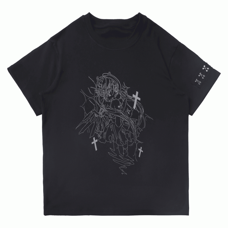 Print T-Shirt Angel Black Round Neck Reflective Cyber