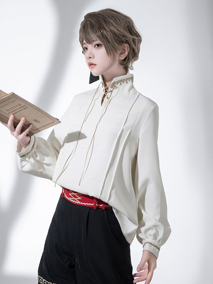 Chinoiserie Stand Ouji Hemd mit Schnürkragen Weiß