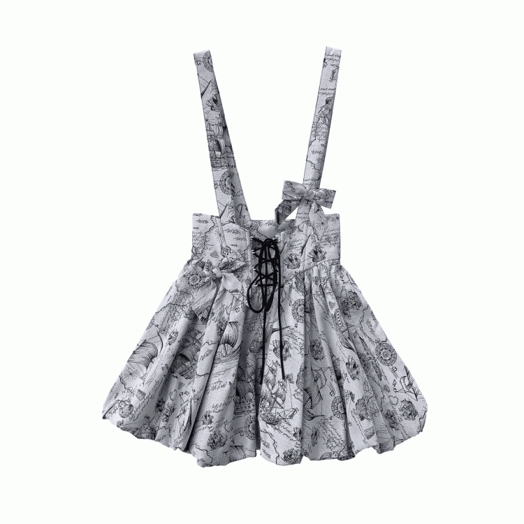 Gray Jacquard Lace-up Waist Overall Bubble Skirt