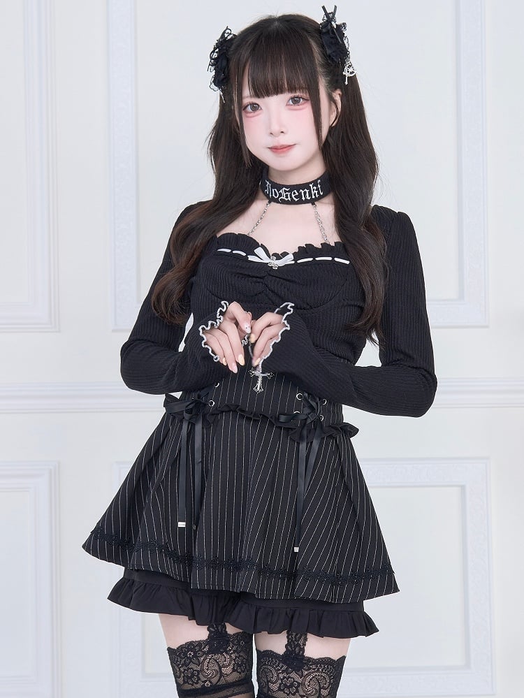 Lace-Up Black Striped Jirai Front Kei High Waist - Skirt