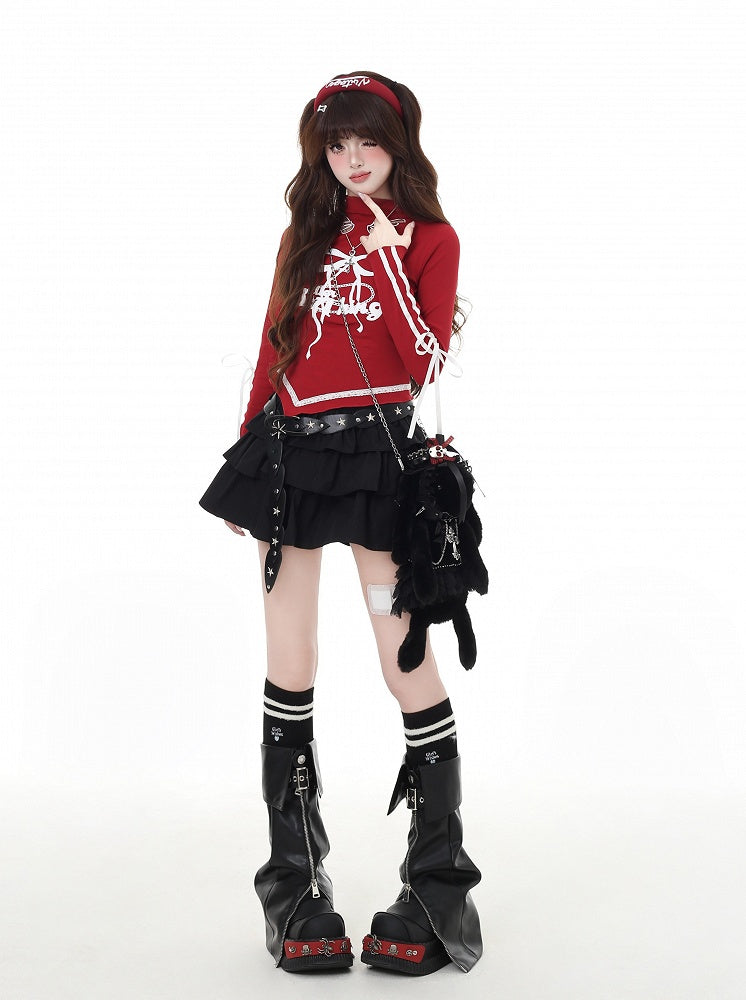 Print Cutout Bowknot Curved Hem Top Red/Black Mock Wing-shaped Vintage Neck
