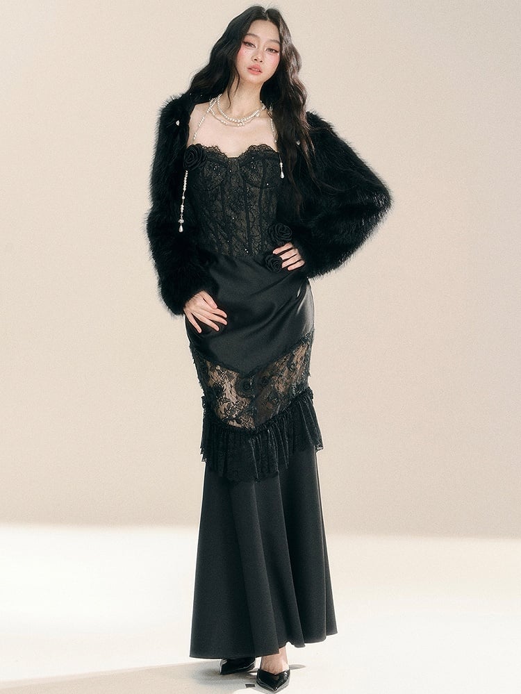 Schwarzes Blumenspitze Korsett Mieder Patchwork Kleid Abendkleid